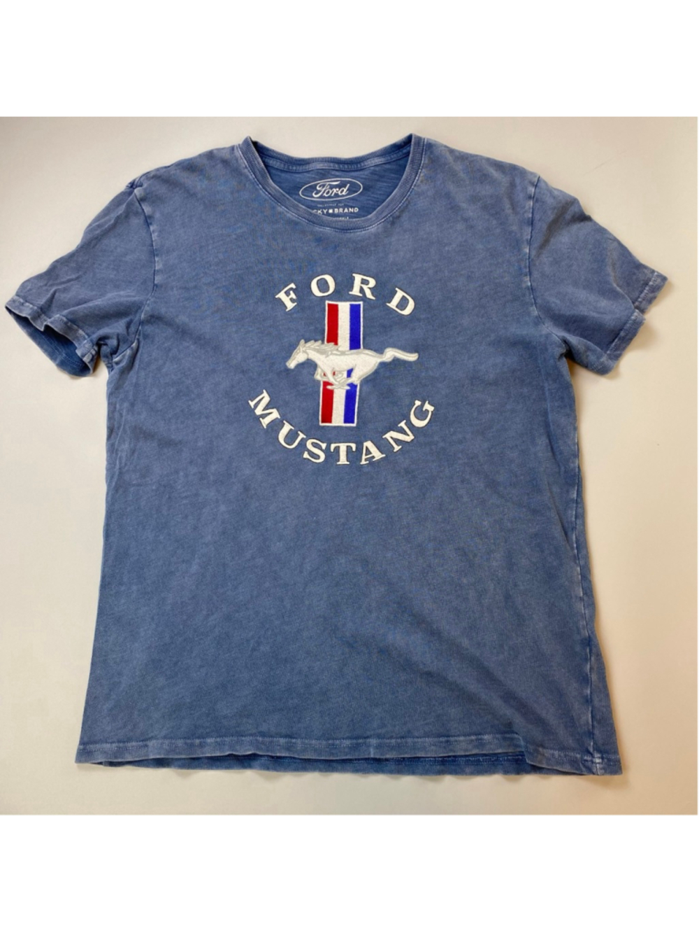 Lucky Brand x Ford Mustang Blue Tee Large T-Shirt Muscle Car Americana Spellout